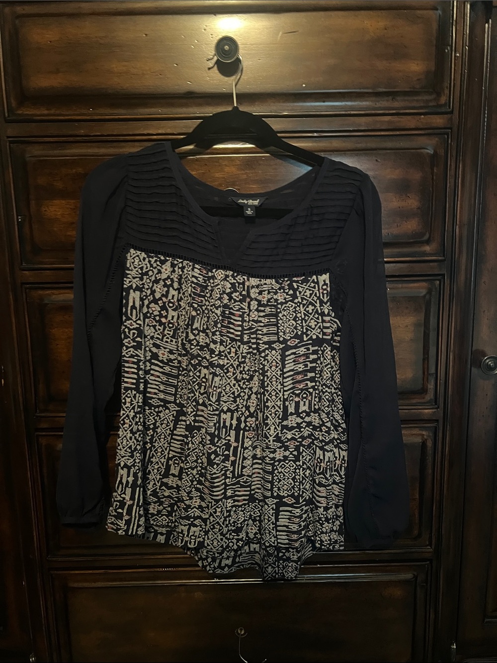 Lucky Brand Navy Mixed-Print Long Sleeve Blouse